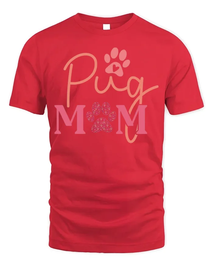 Pug Mom Paw Print Dog Lover Graphic T-Shirt - red t-shirt on white background