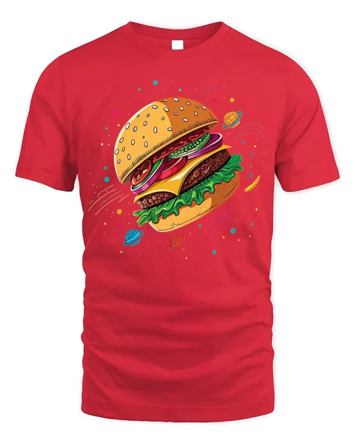 Cosmic Burger Space Foodie Graphic T-Shirt - red t-shirt on white background