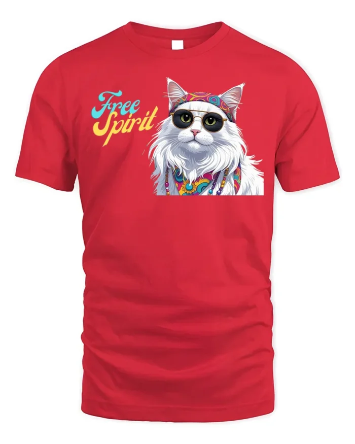 Hippie Cat Free Spirit Graphic T-Shirt - red t-shirt on white background