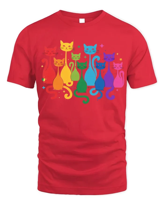Rainbow Cats Colorful Graphic Pride T-Shirt - red t-shirt on white background