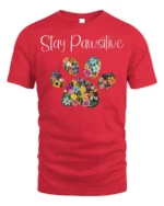 Stay Pawsitive Floral Paw Print T-Shirt - red t-shirt on white background