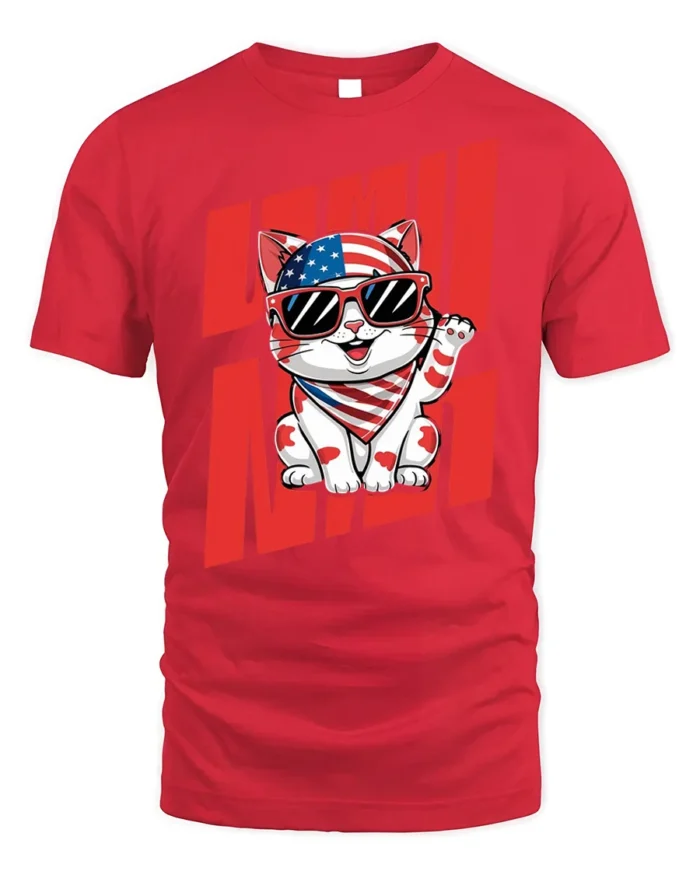 Patriotic Lucky Cat American Flag T-Shirt - red t-shirt on white background