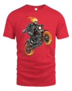Flaming Skull Rider Motorcycle Graphic T-Shirt - red t-shirt on white background