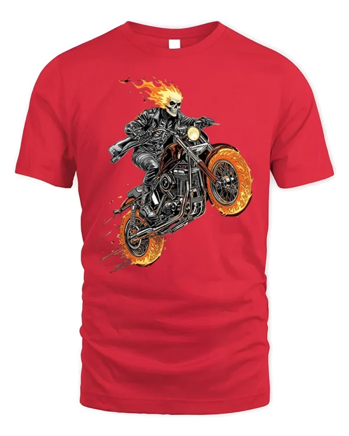 Flaming Skull Rider Motorcycle Graphic T-Shirt - red t-shirt on white background