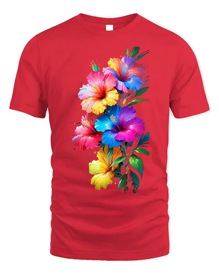 Tropical Hibiscus Bloom Colorful Graphic T-Shirt - red t-shirt on white background