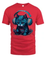 Cyber Cat Headphones Neon Music Graphic T-Shirt - red t-shirt on white background