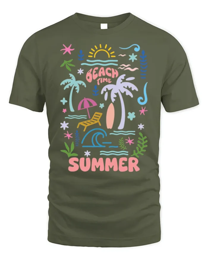 Beach Time Summer Vibes Graphic T-Shirt - military green t-shirt on white background