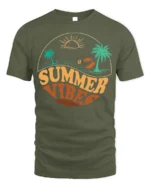 Retro Summer Vibes Beach Sunset Graphic T-Shirt - military green t-shirt on white background