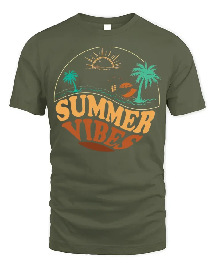 Retro Summer Vibes Beach Sunset Graphic T-Shirt - military green t-shirt on white background
