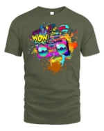 Retro Boombox Wow Pop Art Color Splash T-Shirt - military green t-shirt on white background