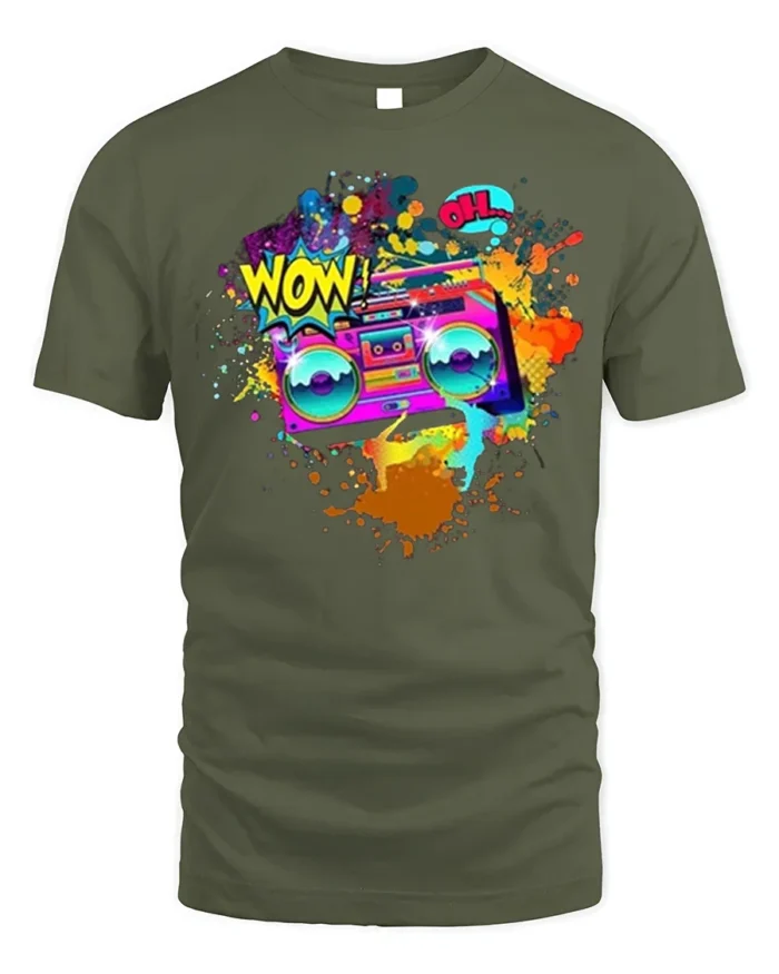 Retro Boombox Wow Pop Art Color Splash T-Shirt - military green t-shirt on white background