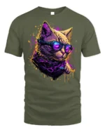 Neon Cyberpunk Cool Cat Sunglasses Graphic T-Shirt - military green t-shirt on white background