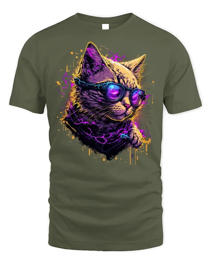 Neon Cyberpunk Cool Cat Sunglasses Graphic T-Shirt - military green t-shirt on white background