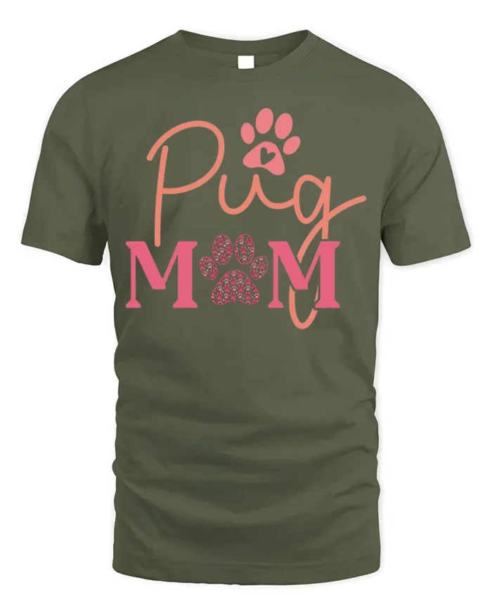 Pug Mom Paw Print Dog Lover Graphic T-Shirt - military green t-shirt on white background