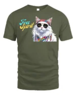 Hippie Cat Free Spirit Graphic T-Shirt - military green t-shirt on white background