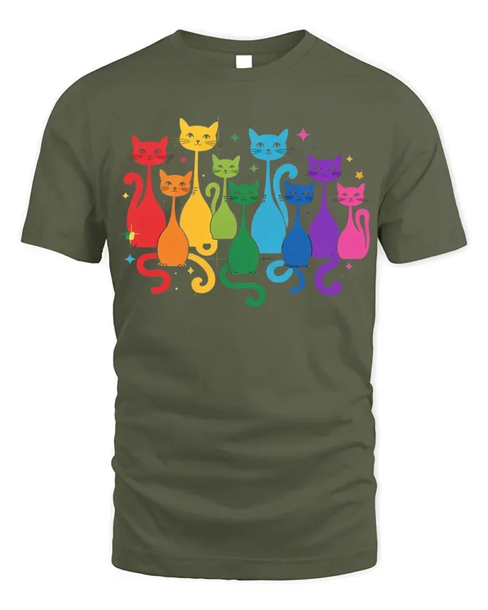 Rainbow Cats Colorful Graphic Pride T-Shirt - military green t-shirt on white background