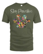 Stay Pawsitive Floral Paw Print T-Shirt - military green t-shirt on white background
