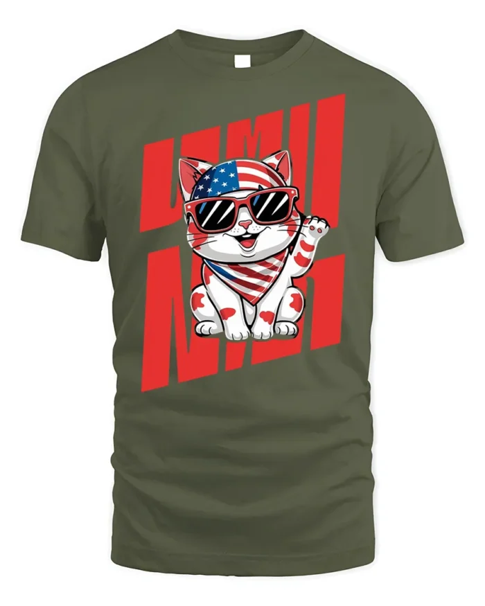 Patriotic Lucky Cat American Flag T-Shirt - military green t-shirt on white background