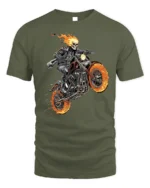 Flaming Skull Rider Motorcycle Graphic T-Shirt - military green t-shirt on white background
