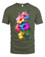 Tropical Hibiscus Bloom Colorful Graphic T-Shirt - military green t-shirt on white background