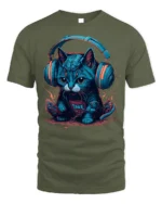 Cyber Cat Headphones Neon Music Graphic T-Shirt - military green t-shirt on white background