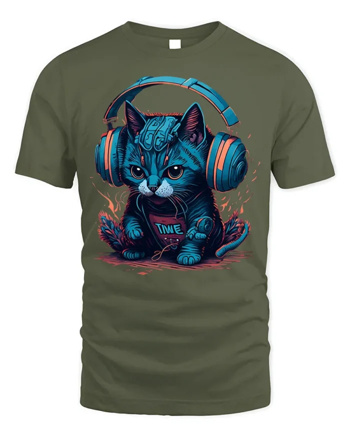 Cyber Cat Headphones Neon Music Graphic T-Shirt - military green t-shirt on white background