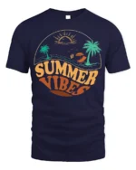 Retro Summer Vibes Beach Sunset Graphic T-Shirt - navy t-shirt on white background