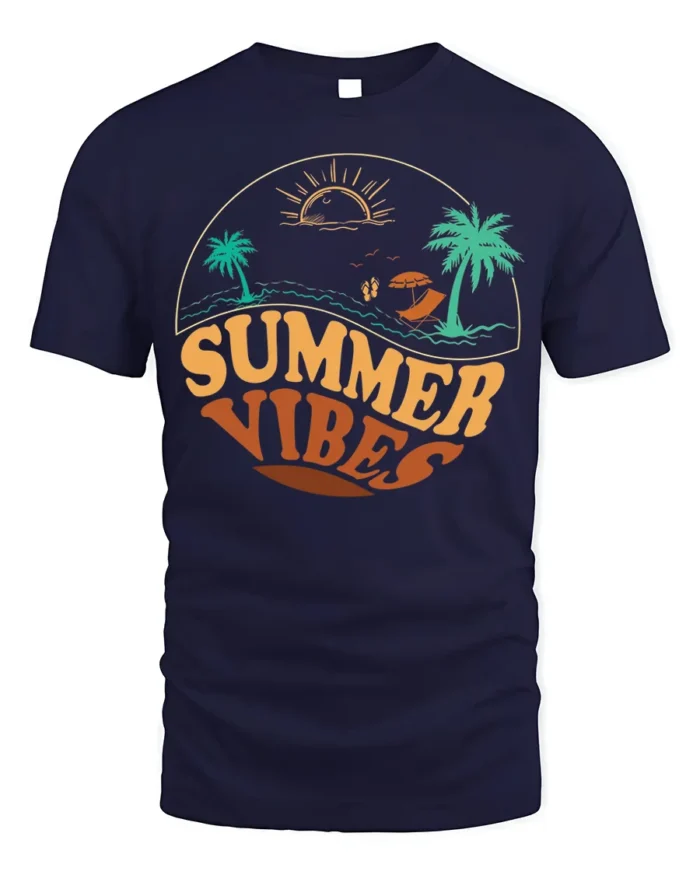 Retro Summer Vibes Beach Sunset Graphic T-Shirt - navy t-shirt on white background