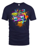 Retro Boombox Wow Pop Art Color Splash T-Shirt - navy t-shirt on white background