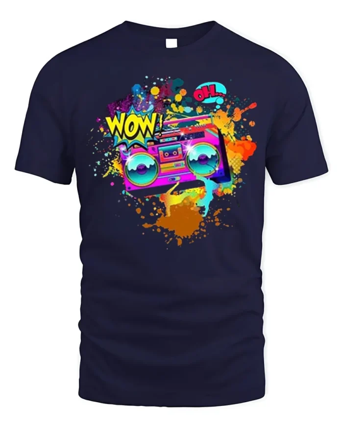 Retro Boombox Wow Pop Art Color Splash T-Shirt - navy t-shirt on white background