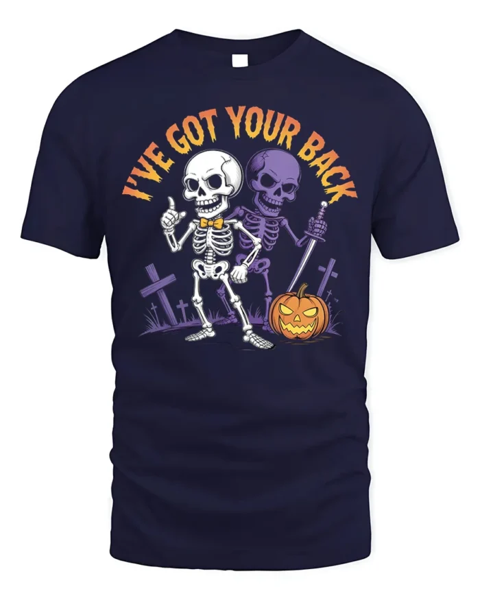 I’ve Got Your Back Funny Skeleton Halloween T-Shirt - navy t-shirt on white background