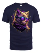 Neon Cyberpunk Cool Cat Sunglasses Graphic T-Shirt - navy t-shirt on white background