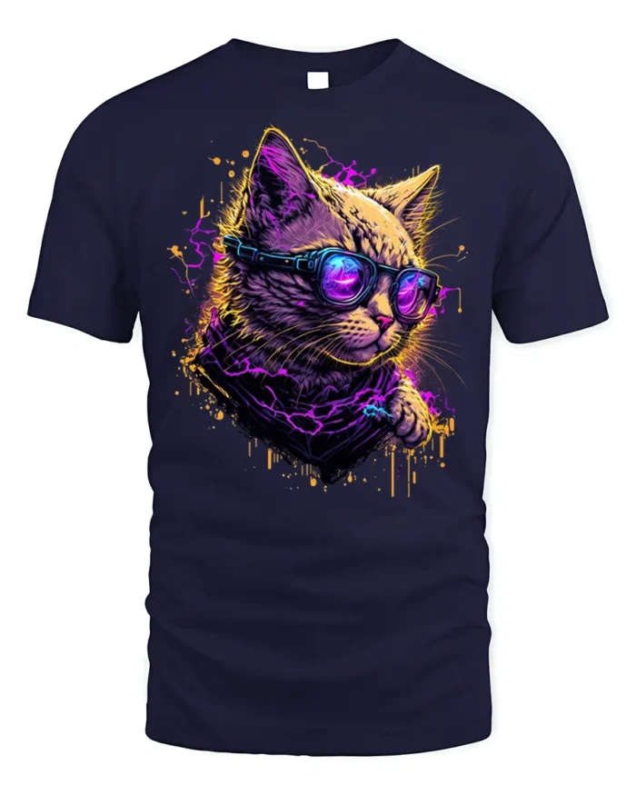 Neon Cyberpunk Cool Cat Sunglasses Graphic T-Shirt - navy t-shirt on white background