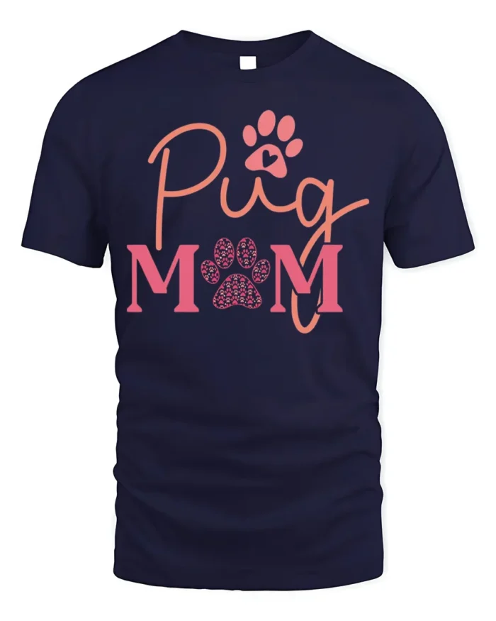 Pug Mom Paw Print Dog Lover Graphic T-Shirt - navy t-shirt on white background