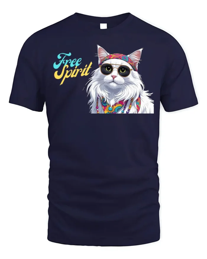Hippie Cat Free Spirit Graphic T-Shirt - navy t-shirt on white background