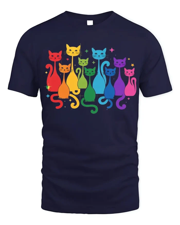 Rainbow Cats Colorful Graphic Pride T-Shirt - navy t-shirt on white background
