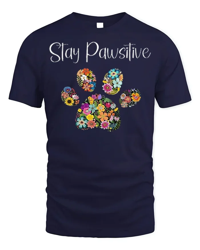 Stay Pawsitive Floral Paw Print T-Shirt - navy t-shirt on white background