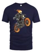 Flaming Skull Rider Motorcycle Graphic T-Shirt - navy t-shirt on white background