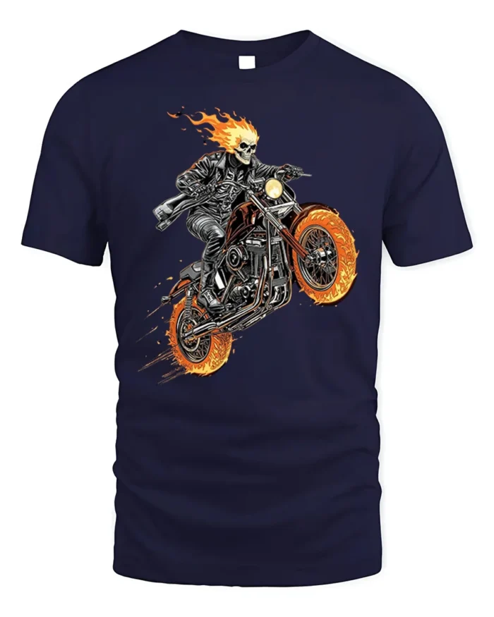 Flaming Skull Rider Motorcycle Graphic T-Shirt - navy t-shirt on white background