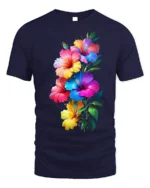 Tropical Hibiscus Bloom Colorful Graphic T-Shirt - navy t-shirt on white background