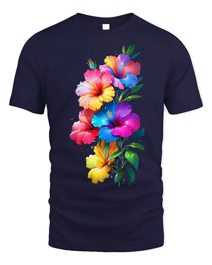Tropical Hibiscus Bloom Colorful Graphic T-Shirt - navy t-shirt on white background