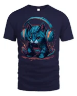 Cyber Cat Headphones Neon Music Graphic T-Shirt - navy t-shirt on white background