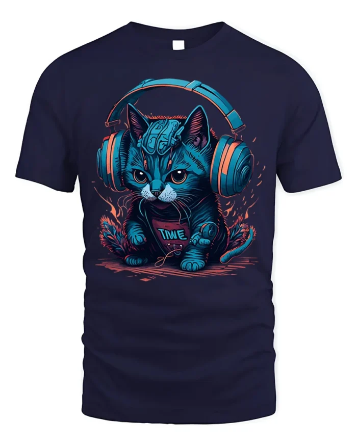 Cyber Cat Headphones Neon Music Graphic T-Shirt - navy t-shirt on white background