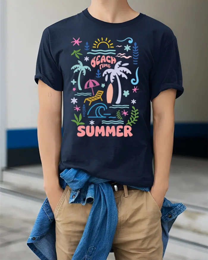 Beach Time Summer Vibes Graphic T-Shirt - model wearing navy shirt, hands in pockets