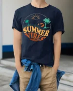 Retro Summer Vibes Beach Sunset Graphic T-Shirt - model wearing navy shirt, hands in pockets