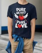 Pure Heart Pure Love Valentine Graphic T-Shirt - model wearing navy shirt, hands in pockets