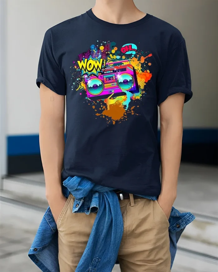 Retro Boombox Wow Pop Art Color Splash T-Shirt - model wearing navy shirt, hands in pockets
