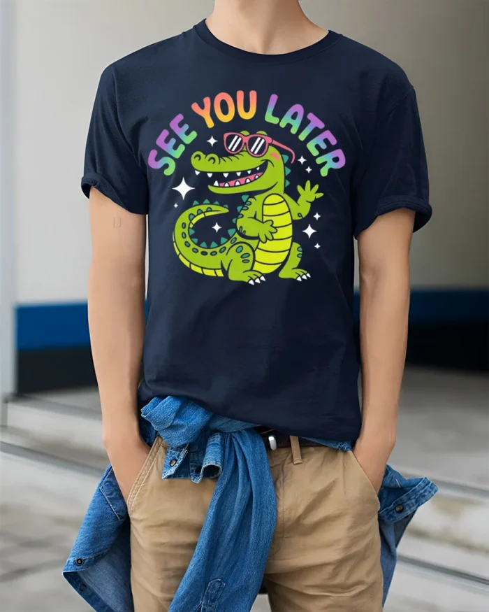 See You Later Funny Alligator Cartoon T-Shirt - model wearing navy shirt, hands in pockets