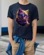 Neon Cyberpunk Cool Cat Sunglasses Graphic T-Shirt - model wearing navy shirt, hands in pockets