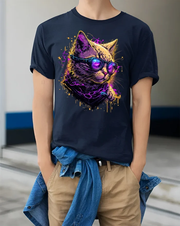 Neon Cyberpunk Cool Cat Sunglasses Graphic T-Shirt - model wearing navy shirt, hands in pockets
